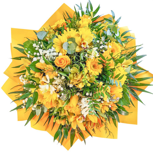 Tavaszi zsongás - Kerek csokor, sárga árnyalatú vegyes virágokból - nagy méret (104)